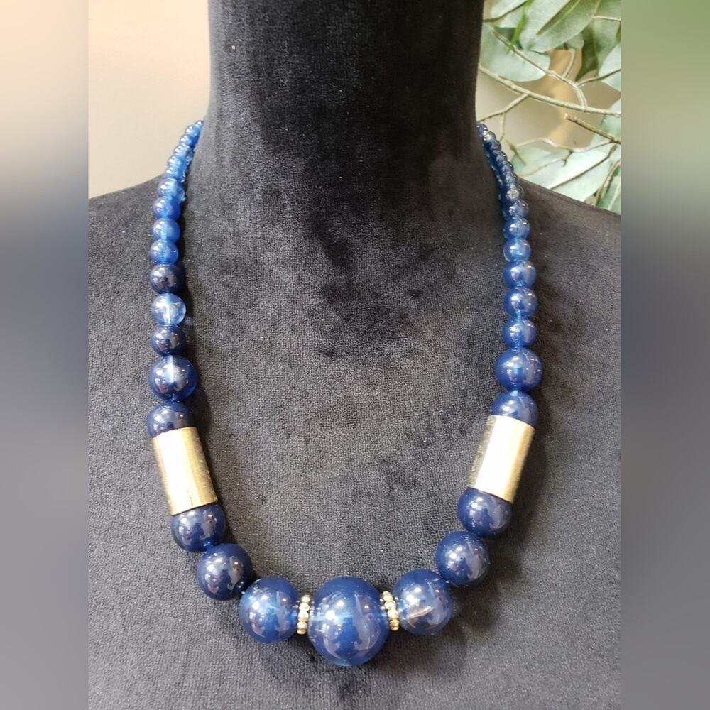 Womens Napier Dark Blue Large Bead and Bright Brass Kumihimo Collar Necklace